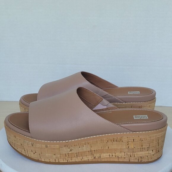 FitFlop Eloise Slides Sandals Women's Beige Leather Cork Wrap Wedge Slides Sz 11 - Picture 4 of 16